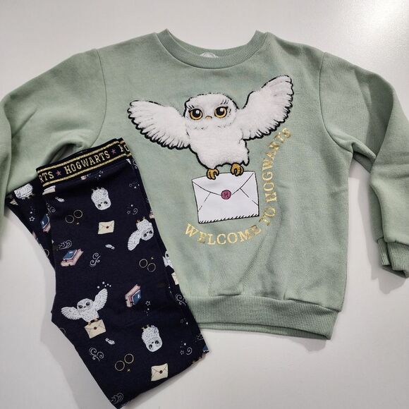 H&M Girls Harry Potter Hogwarts Hedwig Mint Sweatshirt & Leggings Outfit 5t